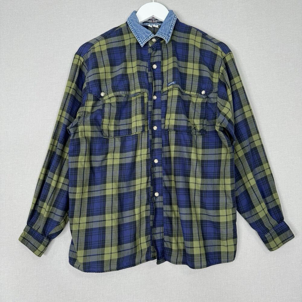 Vintage‎ Guess by Georges Marciano Mens Shirt Medium Blue Plaid Western Cowboy